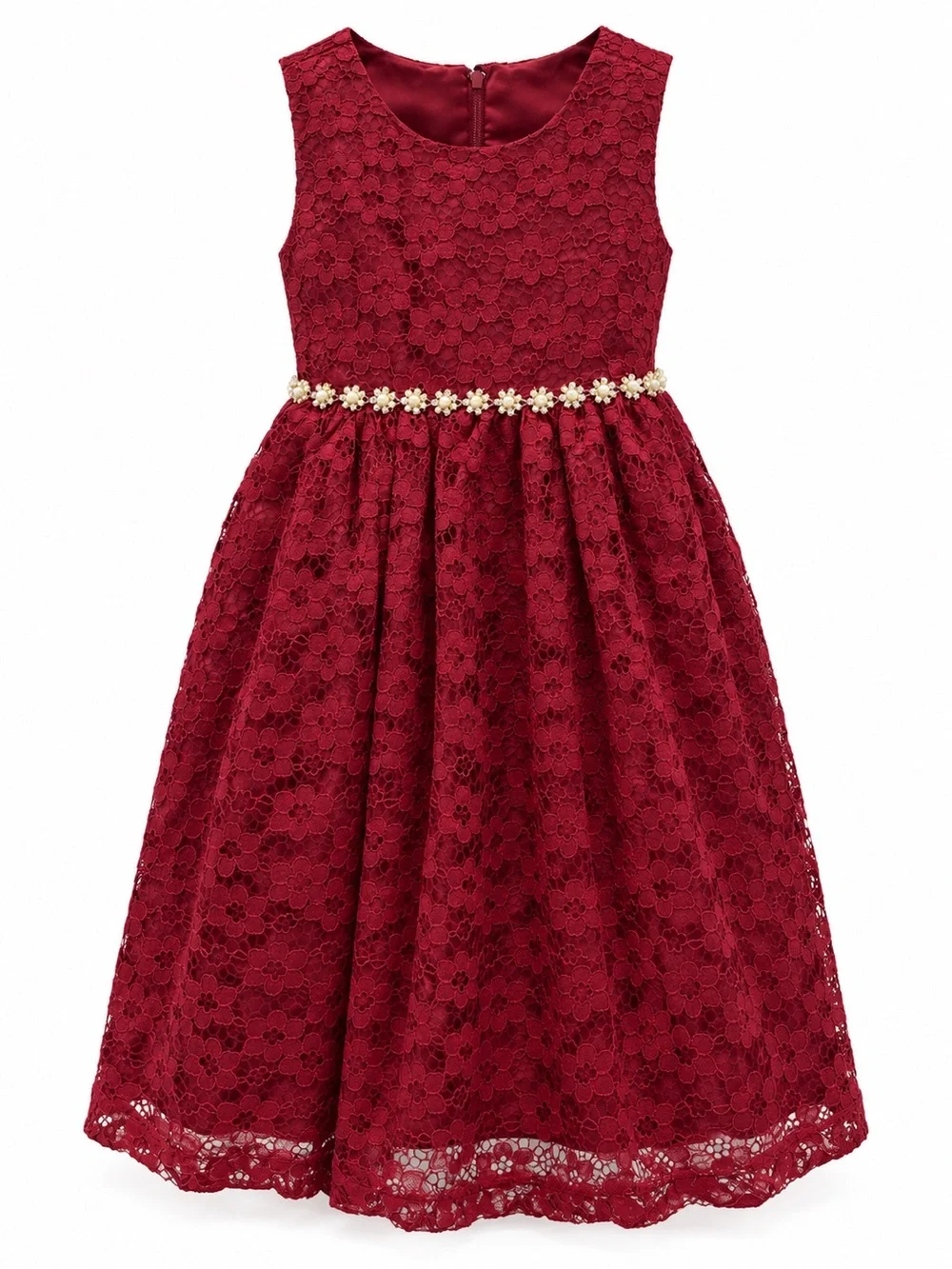 American Princess Burgundy Lace Formal Dress with Pearl Flower Belt